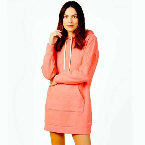 OUTERKNOWN Hightide Bright Coral Terry Cloth Mini  HOODIE DRESS Sz XS - Picture 1 of 12